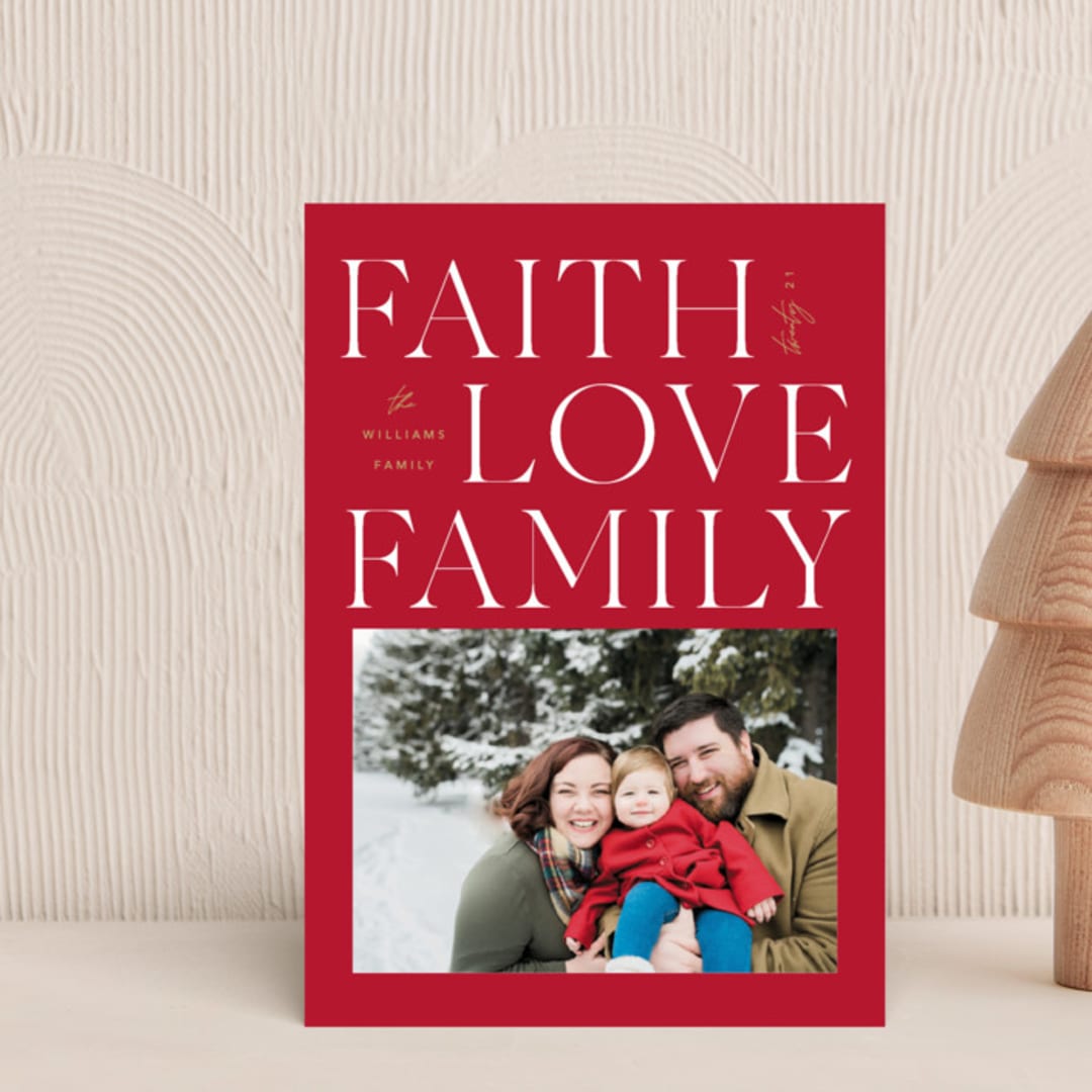 "Faith & Love & Family" - Holiday Cards in Berry by Robert and Stella - Front
