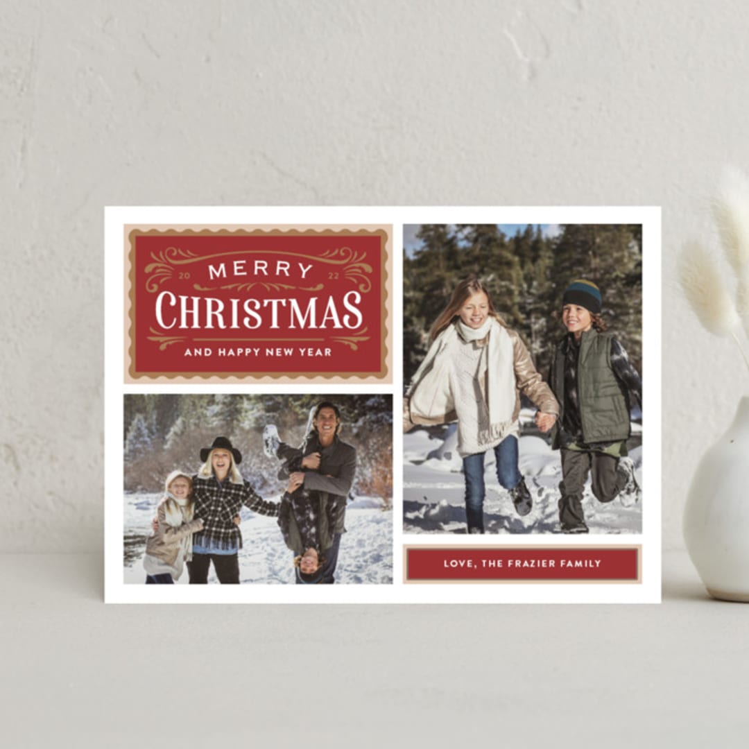 "Vintage Labels" - Holiday Cards in Cranberry by Jill Means - Front