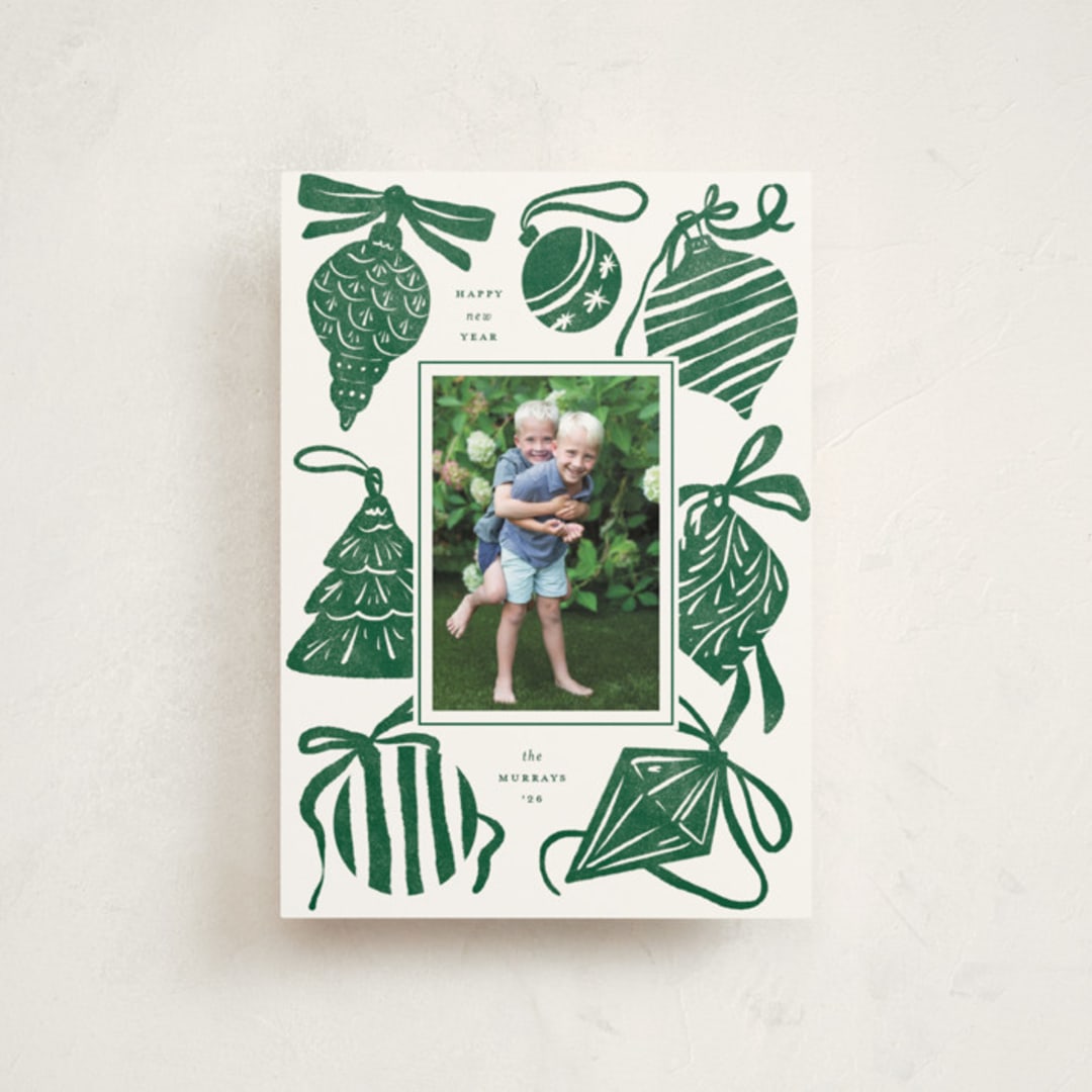 "Bauble & Bow" - Holiday Cards in Fir by Corinne Malesic - Front