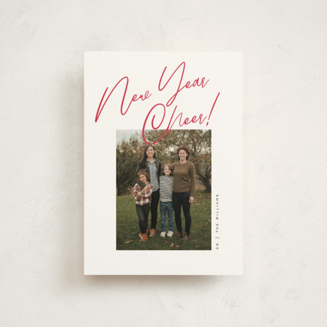 "Joy the the World Scripted" - Holiday Cards in Cranberry by Pixel and Hank - Front