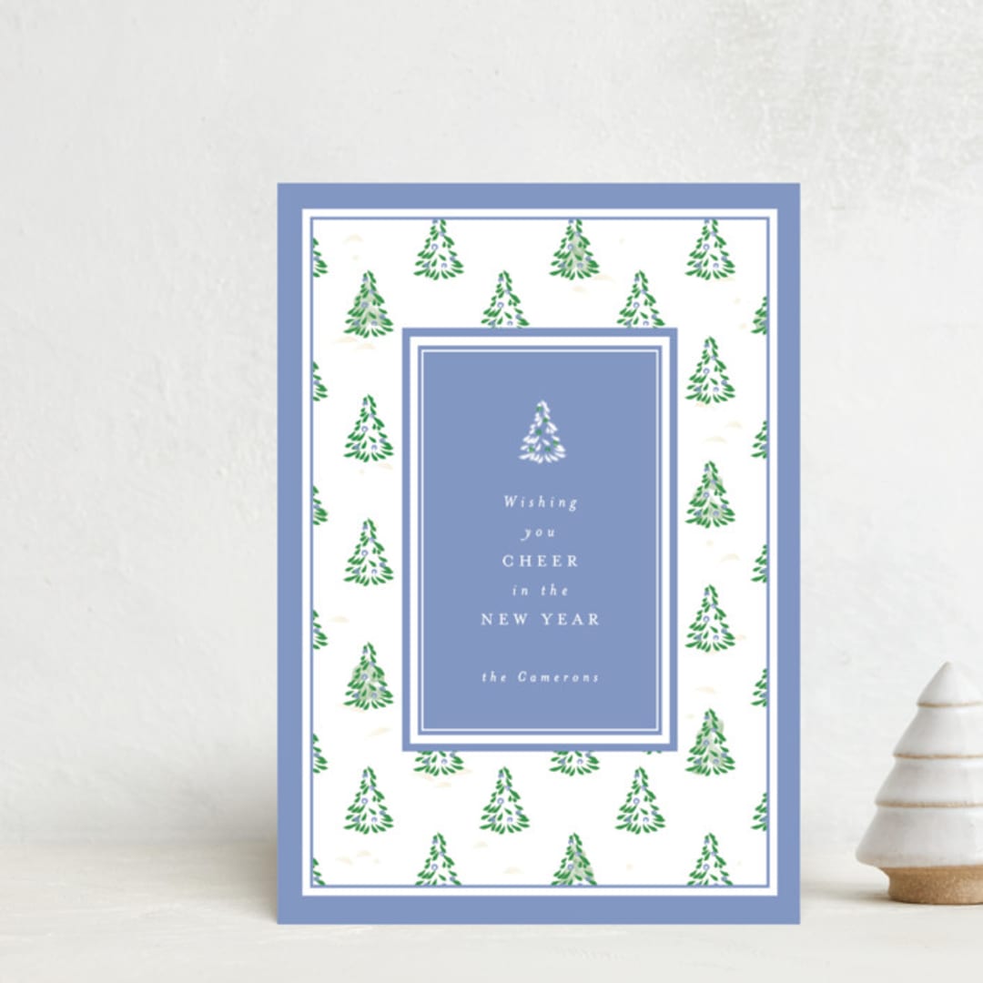 "Little Trees" - Holiday Cards in Provincial Blue by Corinne Malesic - Front