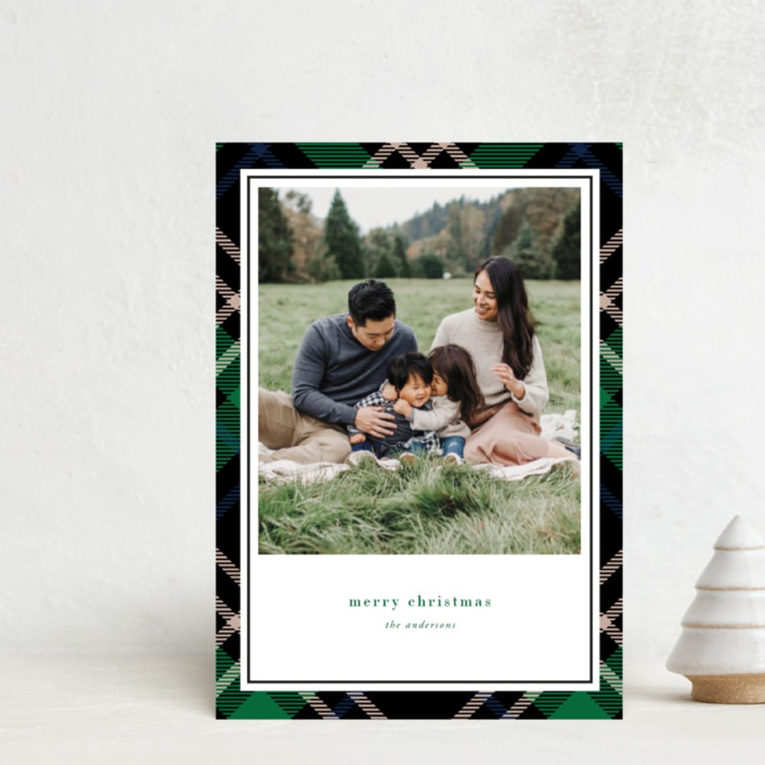 "Joyful Plaid" - Holiday Cards in Emerald by That Girl Press - Front