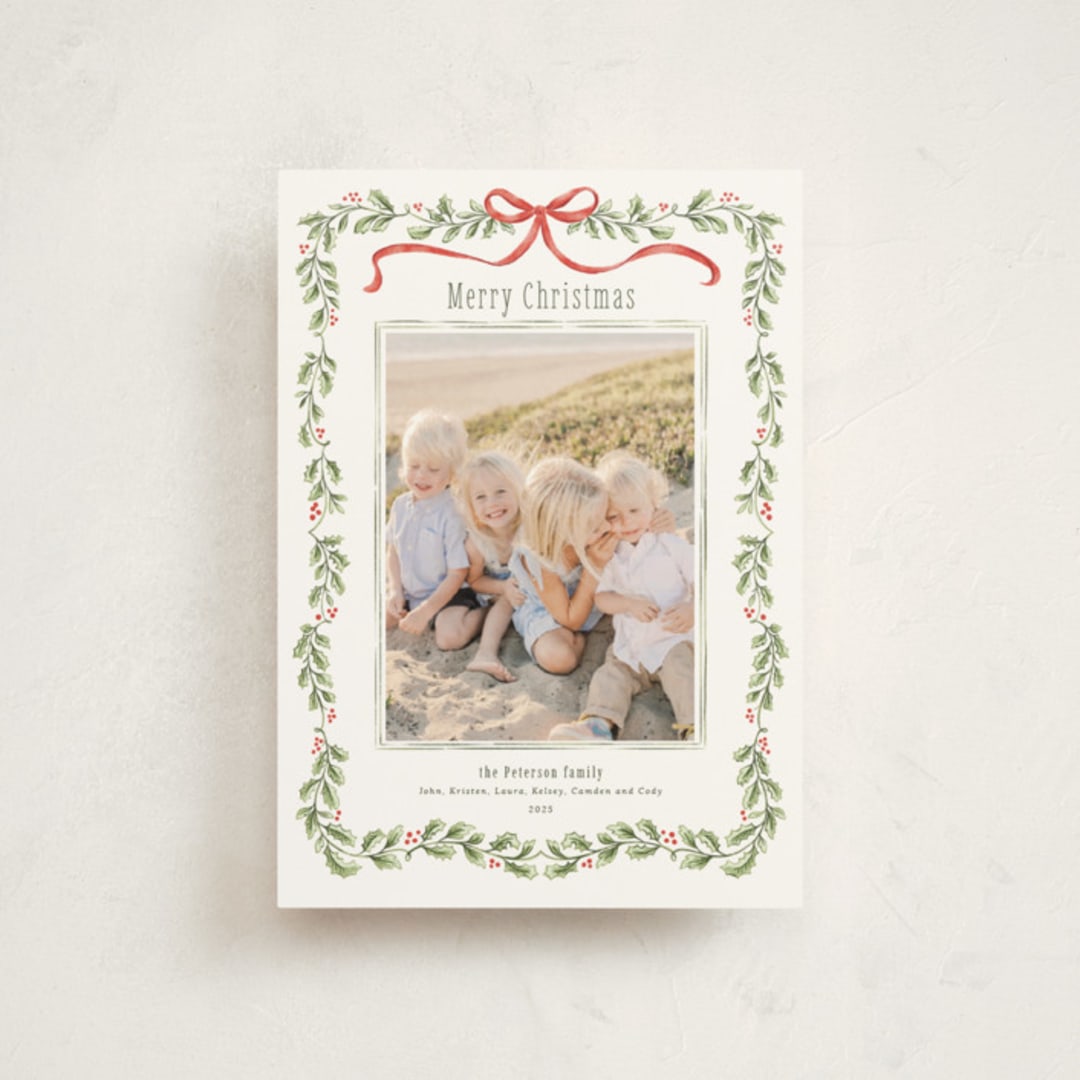 "Holly Garland and Bow" - Holiday Cards in Candy Cane by Paula Pecevich - Front