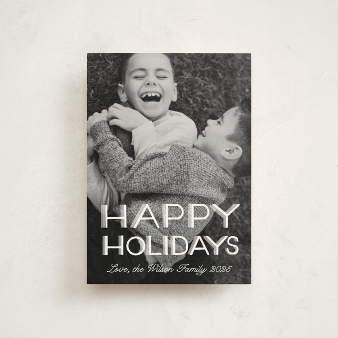 "Happy Holidays Retro Lettering" - Holiday Cards in Snow by Becky Nimoy - Front