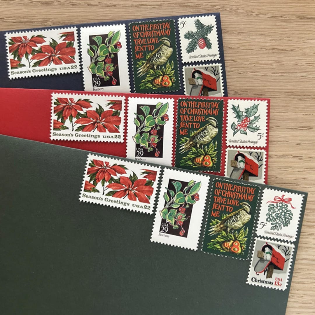 77 cent . Christmas Foliage Vintage Postage Stamps . Set of 5