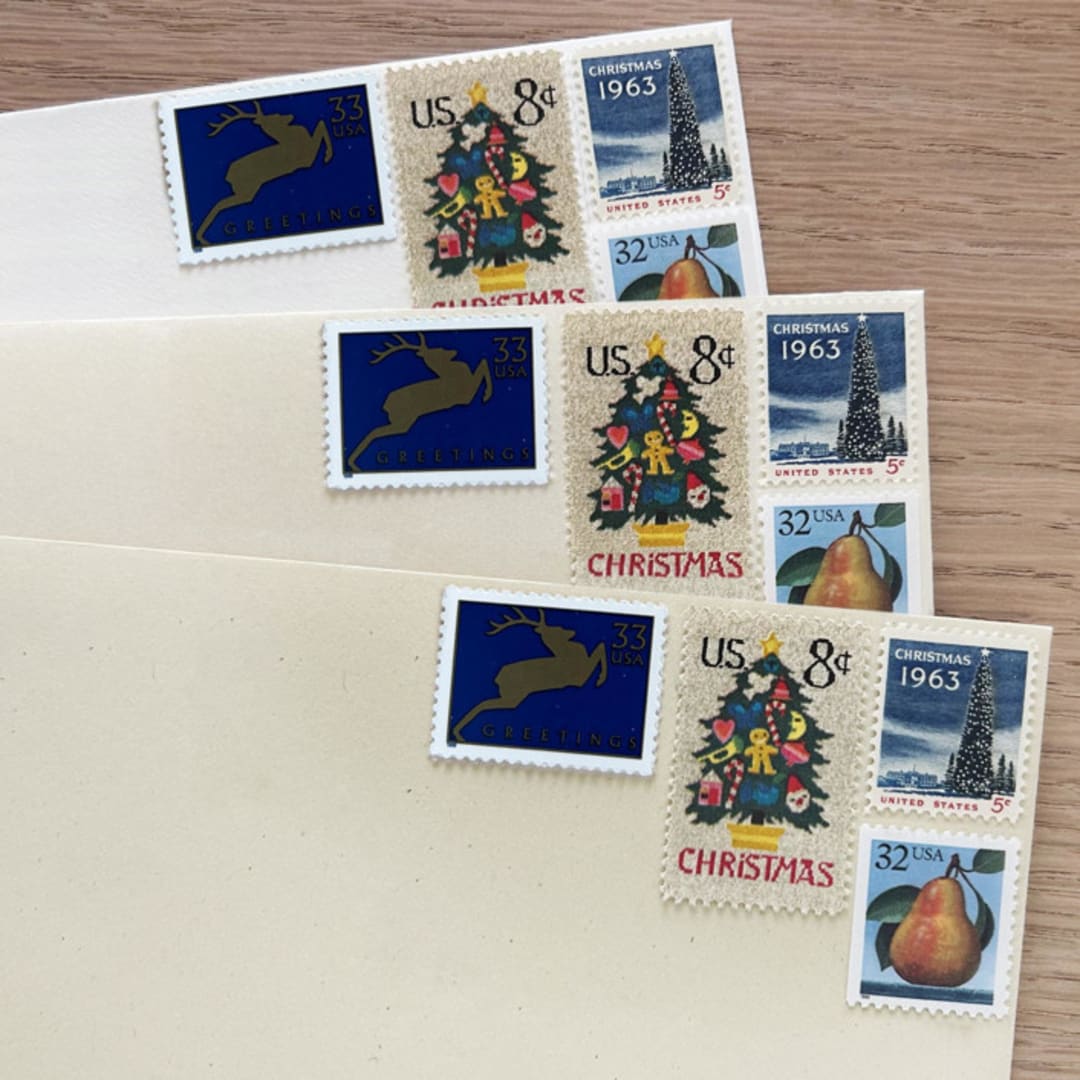 78 cents . Partridge in a Pear Tree Vintage Postage Stamps . Set of 5