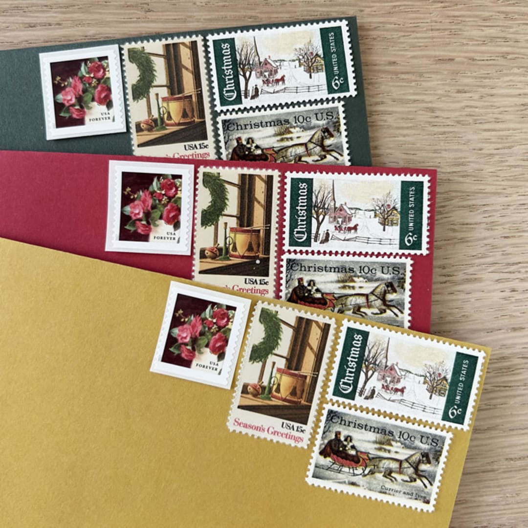 $1.04 cents . Red Camellia Holiday Postage Stamps . Set of 5
