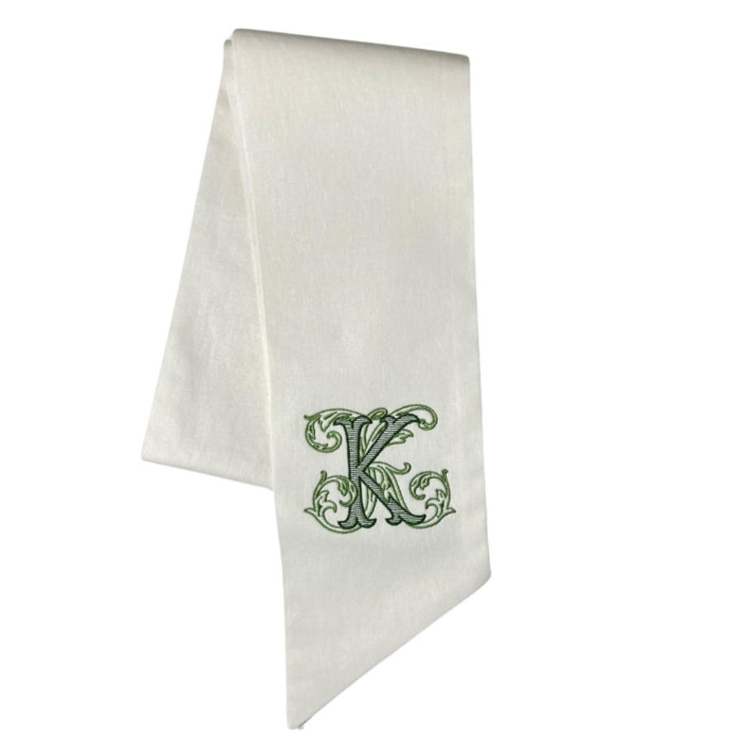 "Embroidered Monogram Wreath Sash" - Holiday Ribbons and Bows in white by Virginia Marcello