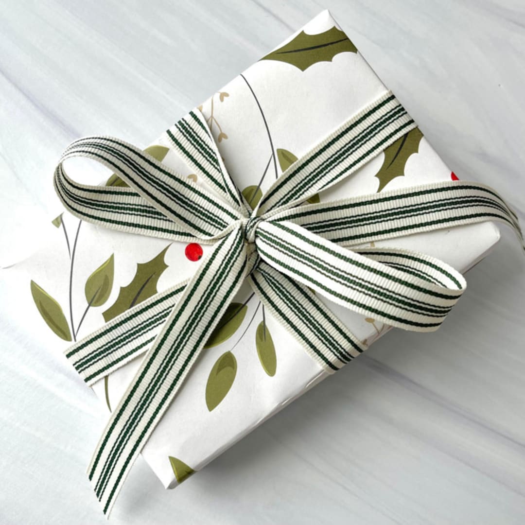 "5/8" Green Cotton Stripe Ribbon - 5 yards" - Holiday Ribbons and Bows in green by Honey Silks Co
