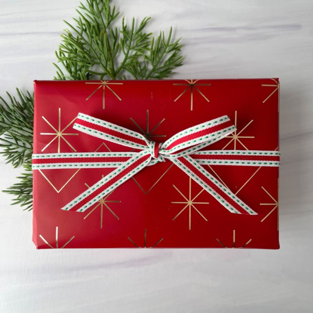"3/8" Red and Green Stitch Holiday Ribbon" - Holiday Ribbons and Bows in red by Honey Silks Co