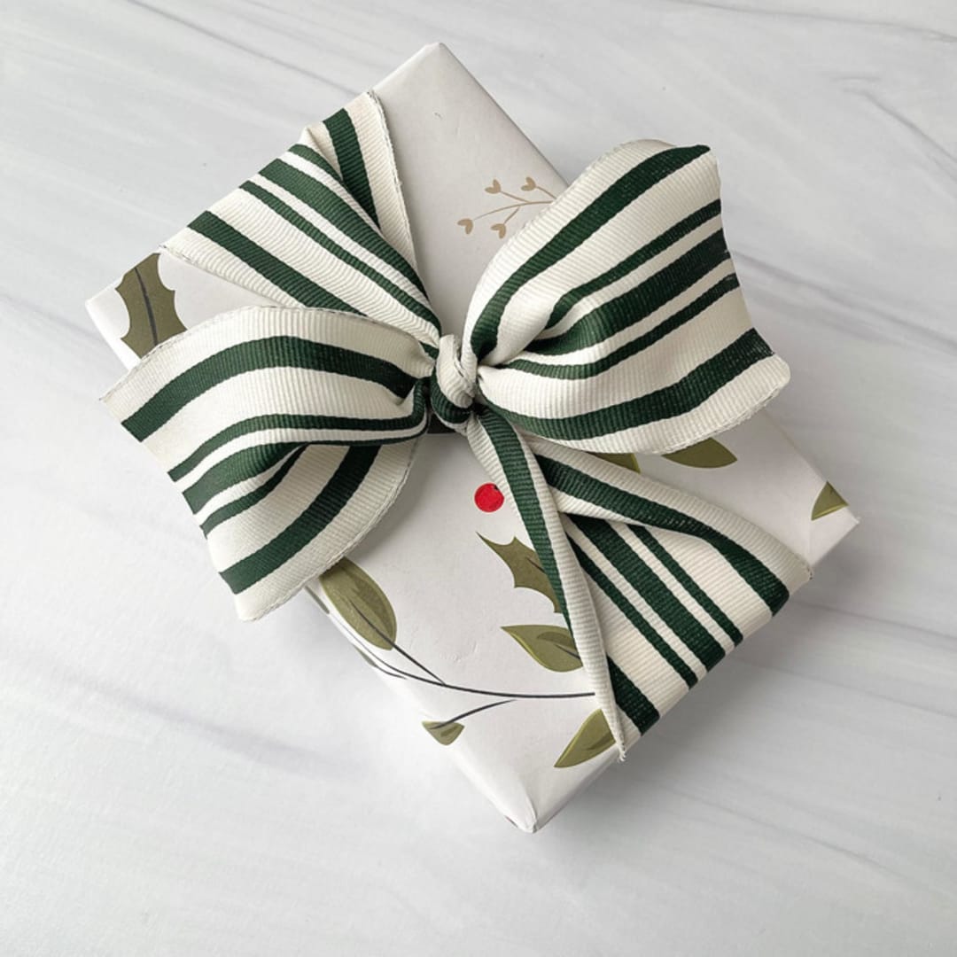"1.5" Green Cotton Striped Ribbon - 5 yards" - Holiday Ribbons and Bows in green by Honey Silks Co