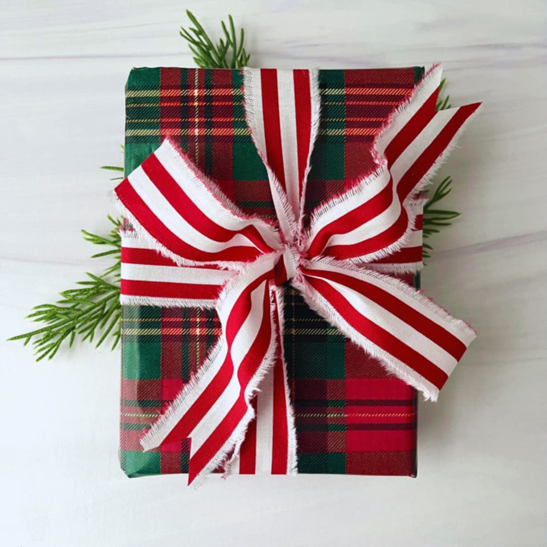 "1.5" Hand Frayed Cotton Stripe Ribbon" - Holiday Ribbons and Bows in red by Honey Silks Co