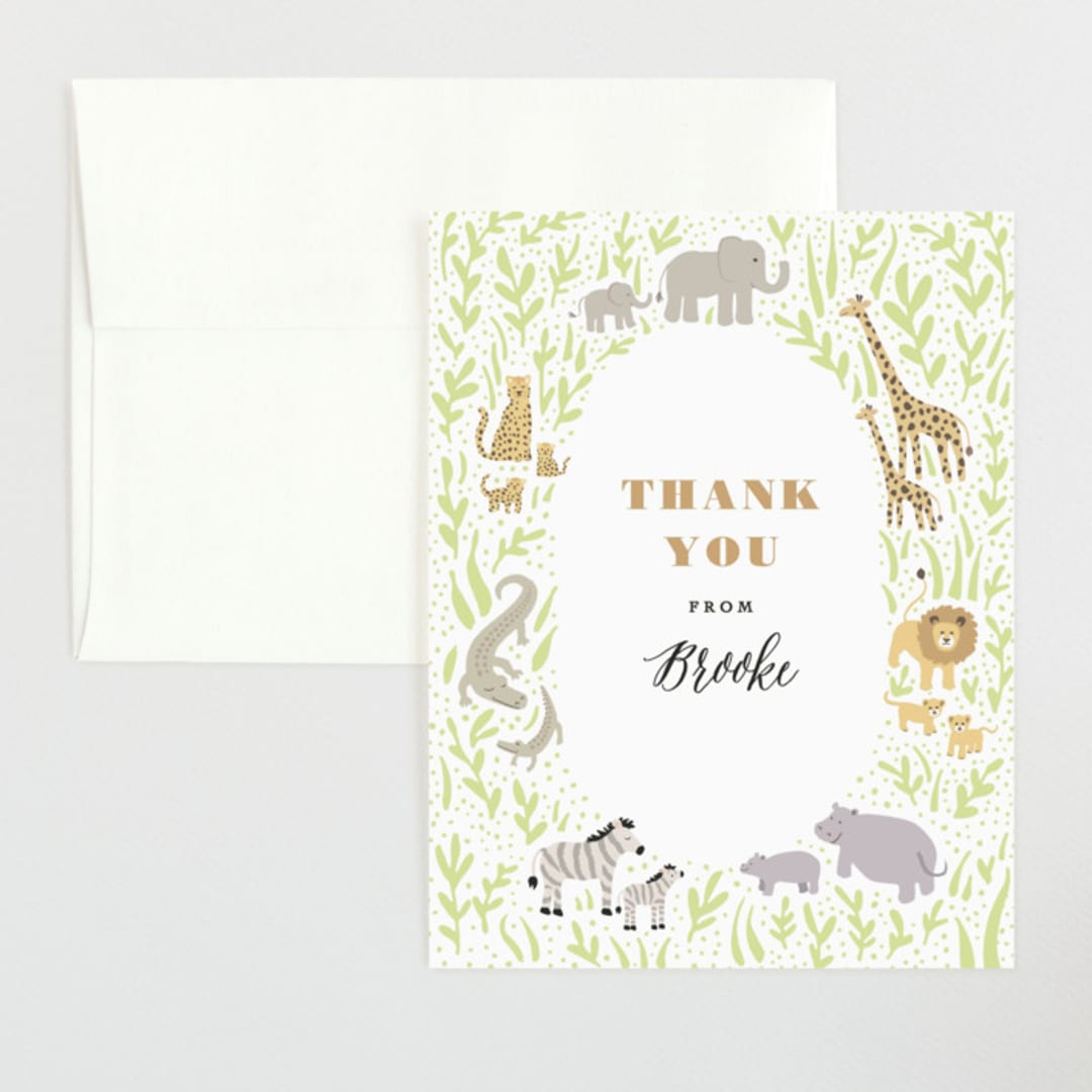 "Savannah animals" - Baby Shower Thank You Cards in Sage by Jennifer Wick - Front