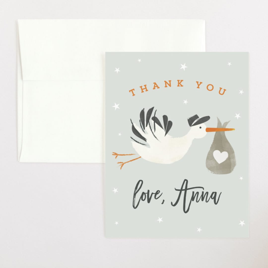 "Stork Delivery" - Baby Shower Thank You Cards in Moon by Chryssi Tsoupanarias - Front