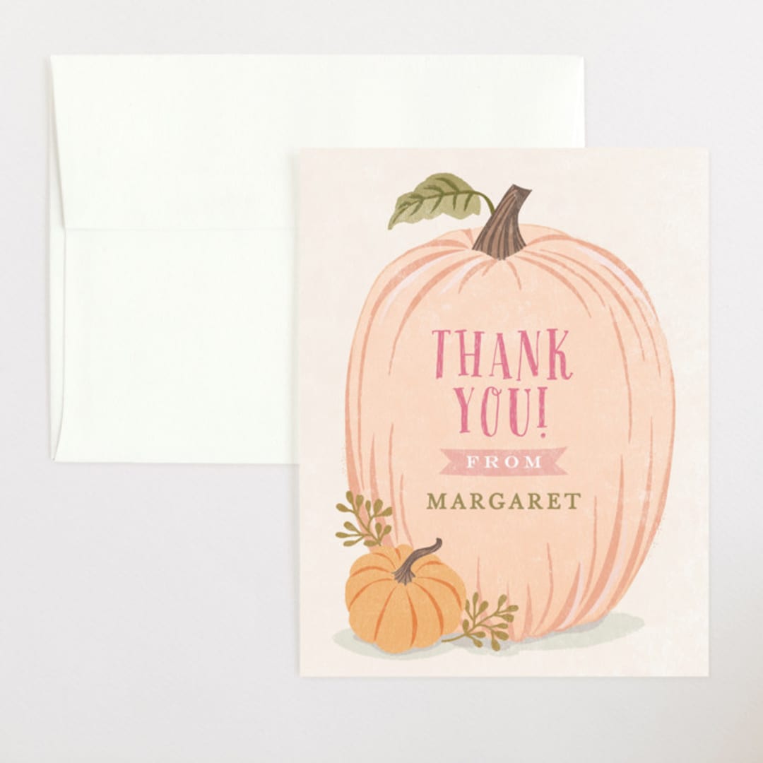 "Autumn Pumpkin" - Baby Shower Thank You Cards in Peach by Karidy Walker - Front