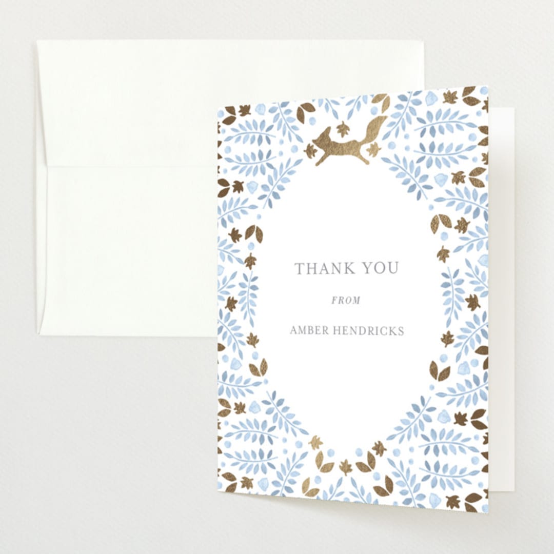 "Foxy Baby Shower" - Baby Shower Thank You Cards in Denim by Hallie Fischer - Front