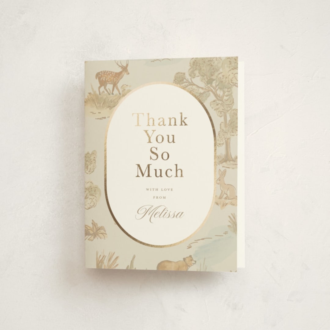 "Woodland Animals Toile" - Baby Shower Thank You Cards in Bamboo by Teju Reval - Front