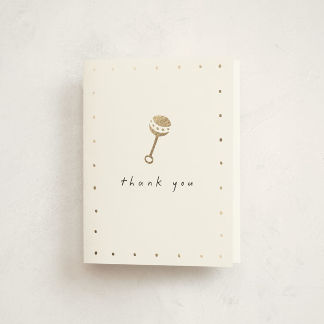 "Gold Rattle" - Baby Shower Thank You Cards in Cotton by Stacy Maalouf - Front
