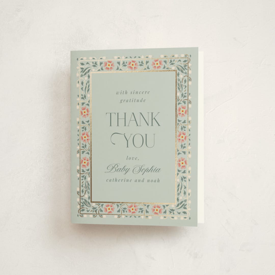 "Little Love Story" - Baby Shower Thank You Cards in Sage by Ana de Sousa - Front