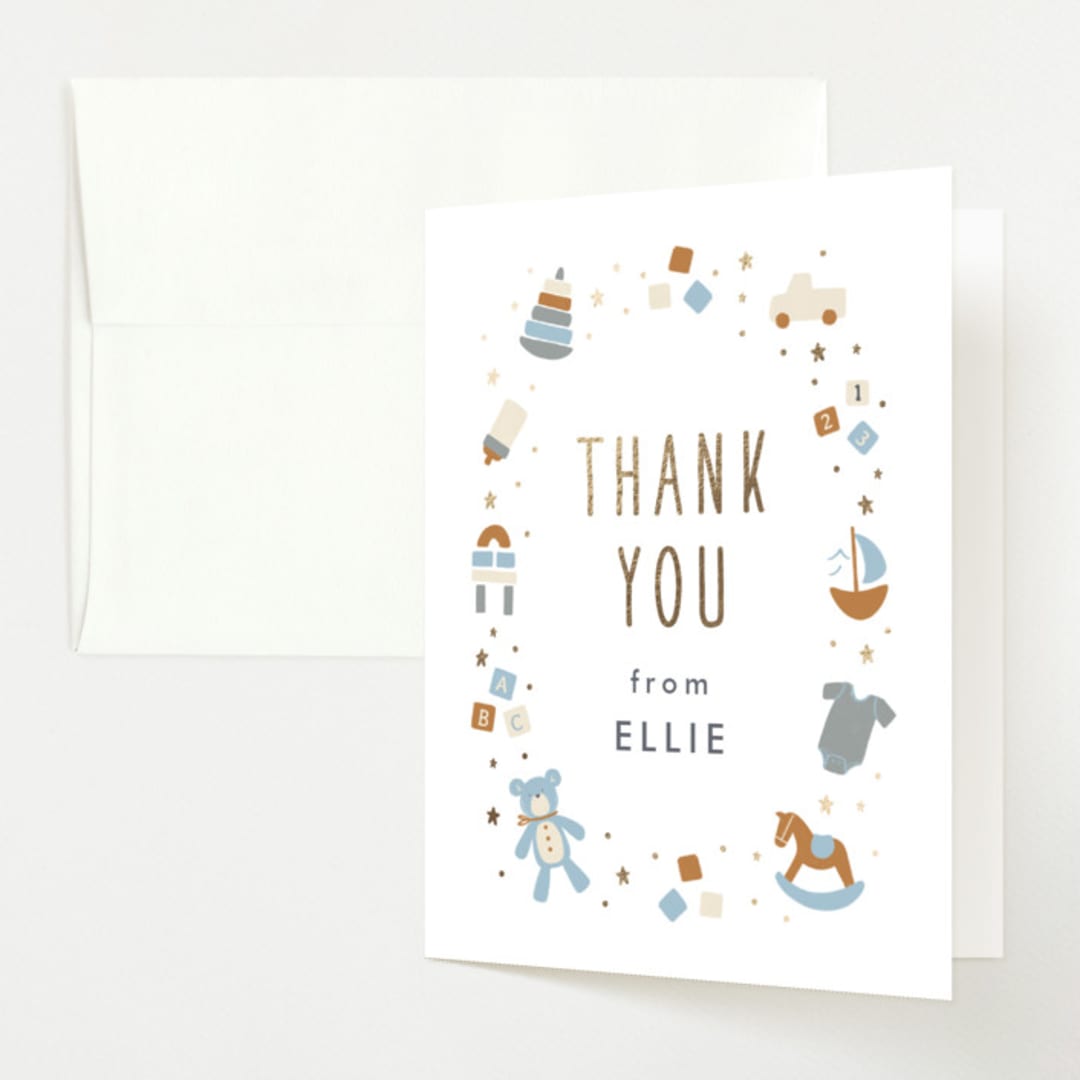"Toys" - Baby Shower Thank You Cards in Powder Blue by JeAnna Casper - Front