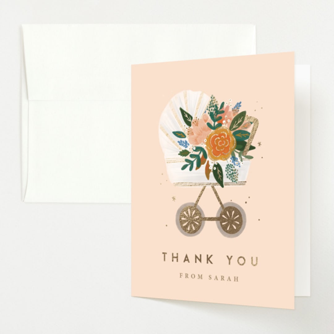 "Floral Pram" - Baby Shower Thank You Cards in Blush by Corie Page - Front