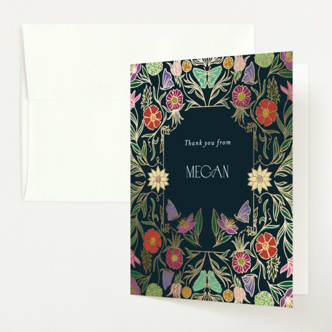 "Gilded Tapestry" - Baby Shower Thank You Cards in Midnight Garden by Simona Camp - Front