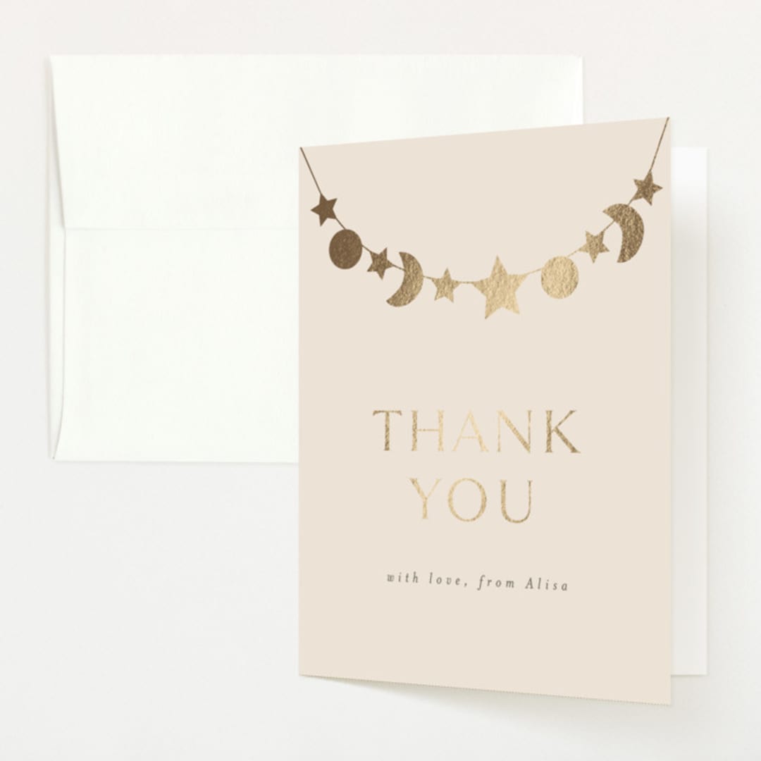 "Night Sky Garland" - Baby Shower Thank You Cards in Ecru by Angela Thompson - Front