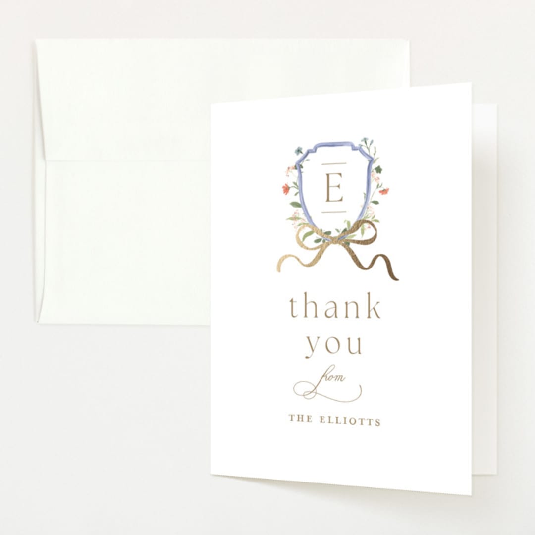 "Floral Crested" - Baby Shower Thank You Cards in Icing by Everett Paper Goods - Front