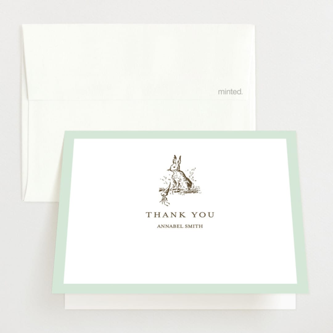 "Classic Bunny" - Baby Shower Thank You Cards in Mint by Megan Davis - Front