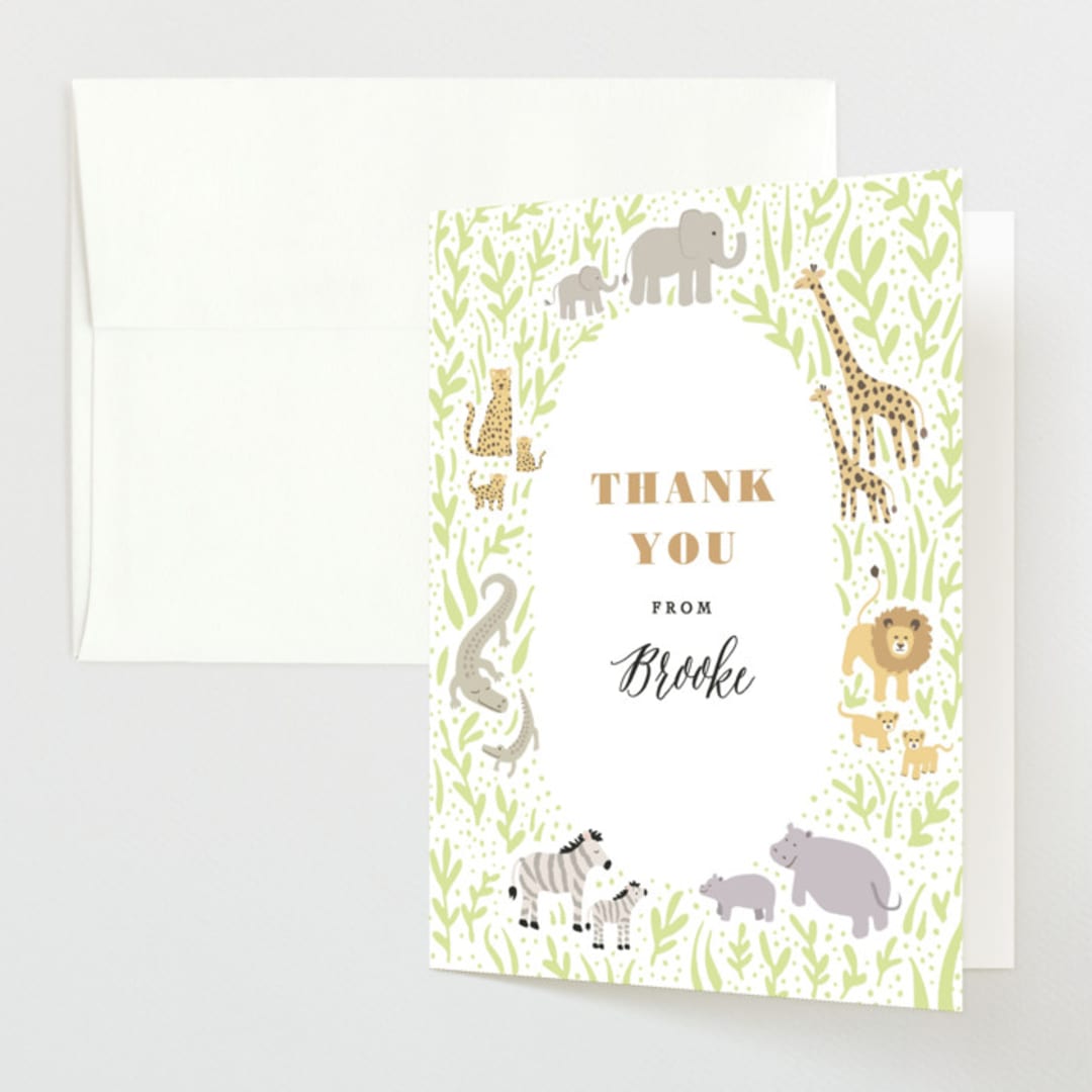 "Savannah animals" - Baby Shower Thank You Cards in Sage by Jennifer Wick - Front