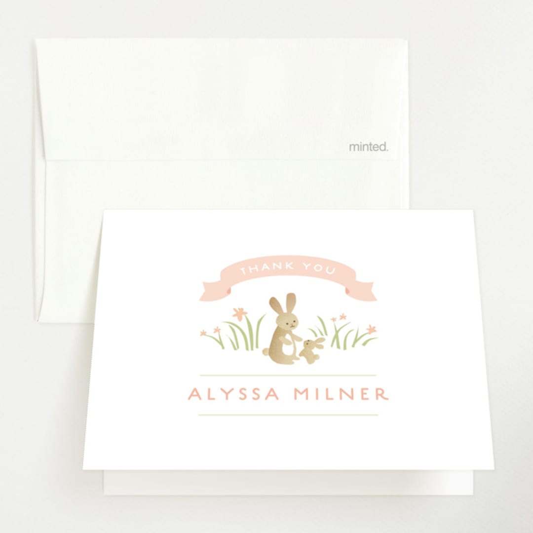 "Springtime Bunnies" - Baby Shower Thank You Cards in Blush by Jennifer Wick - Front