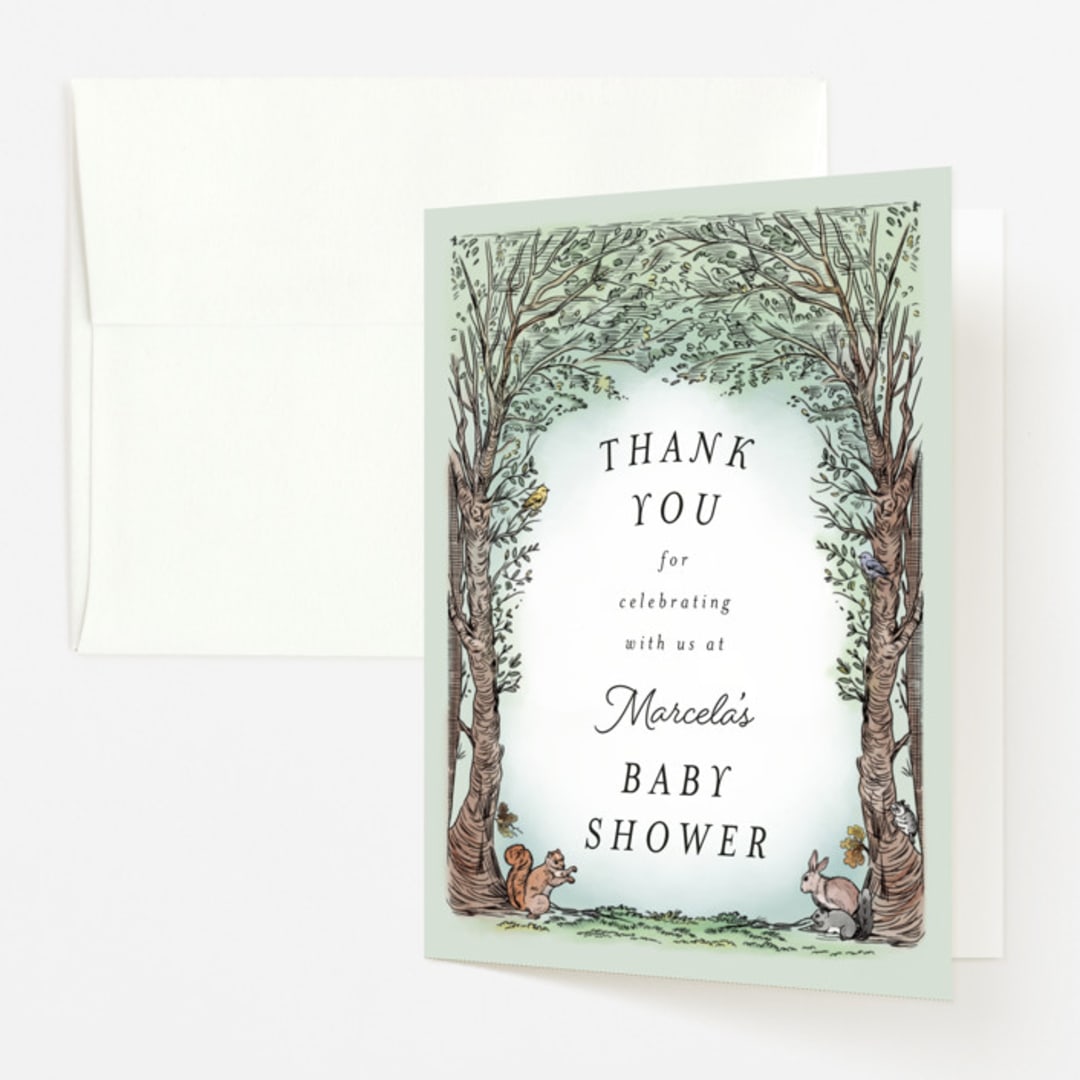"Victorian Forest Scene" - Baby Shower Thank You Cards in Mint by Becky Nimoy - Front