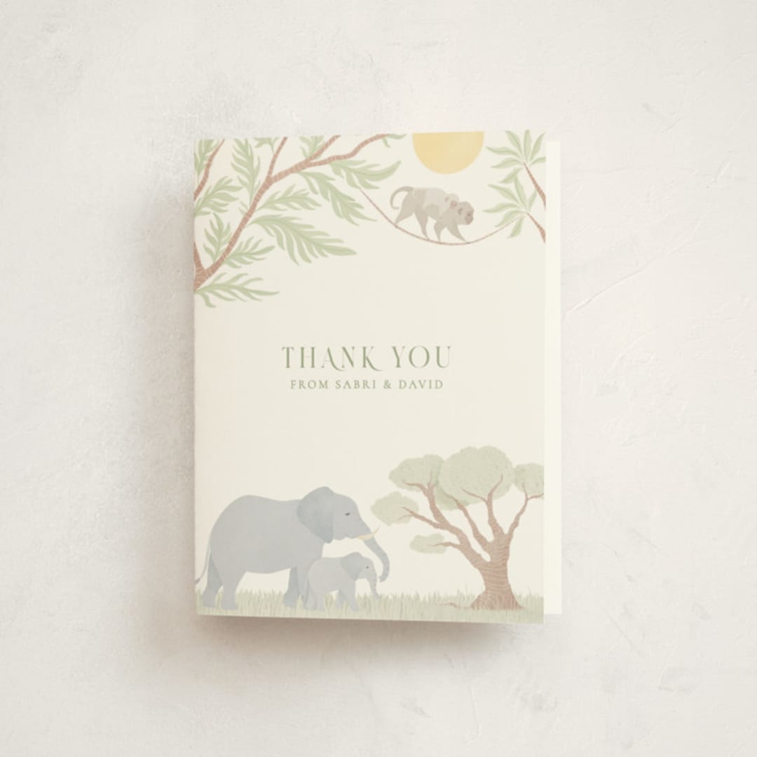 "Lovely jungle" - Baby Shower Thank You Cards in Sage by Sabrin Deirani - Front