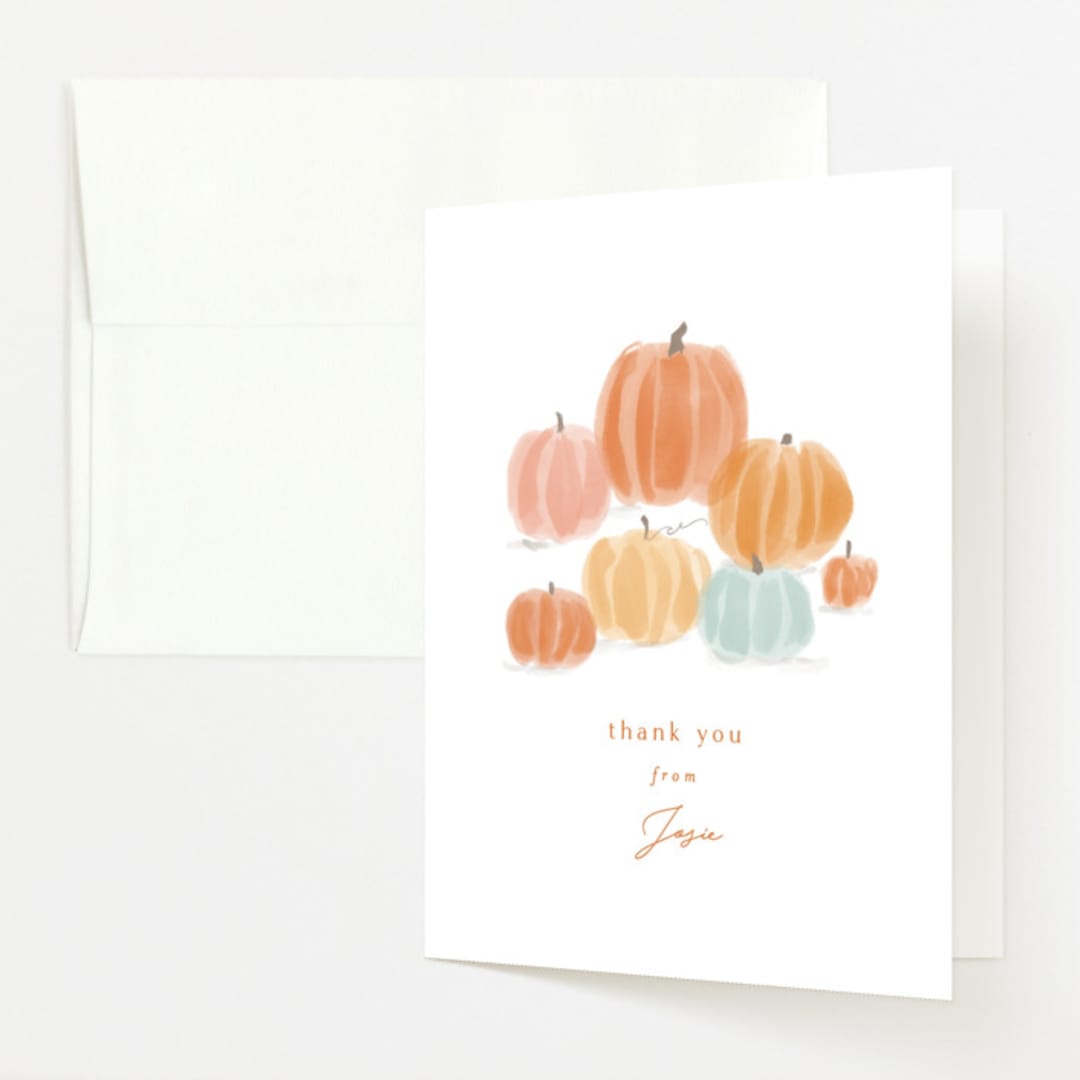 "Autumn Pumpkins" - Baby Shower Thank You Cards in Pumpkin by Rebecca Durflinger - Front