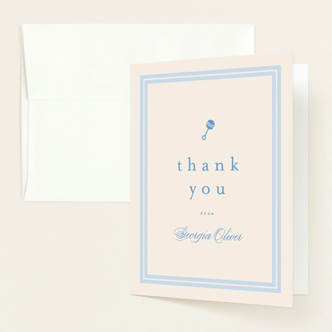 "Classic Start" - Baby Shower Thank You Cards in Powder Blue by Carolyn MacLaren - Front