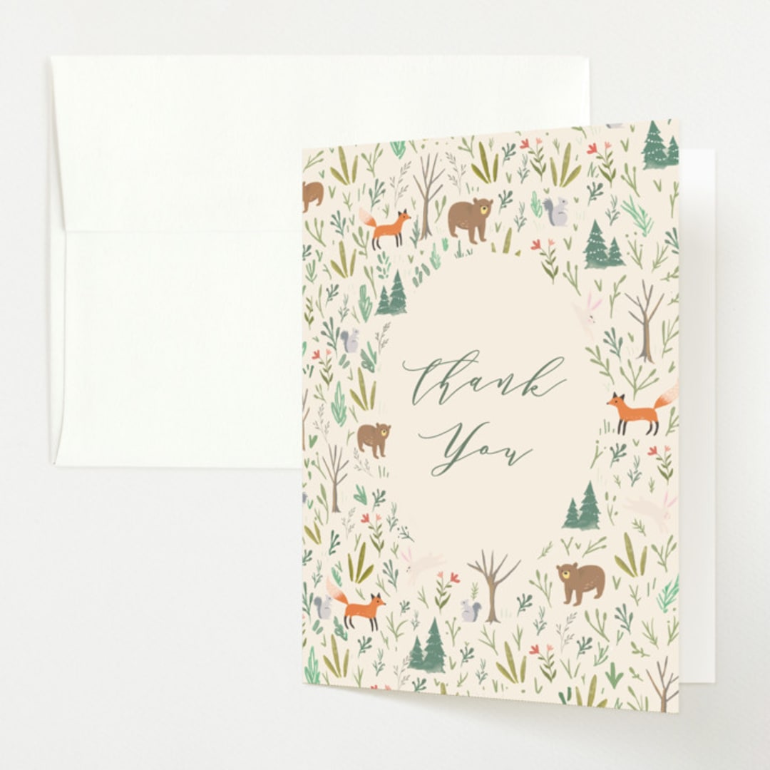 "Oval Forest" - Baby Shower Thank You Cards in Sand by Hannah Williams - Front