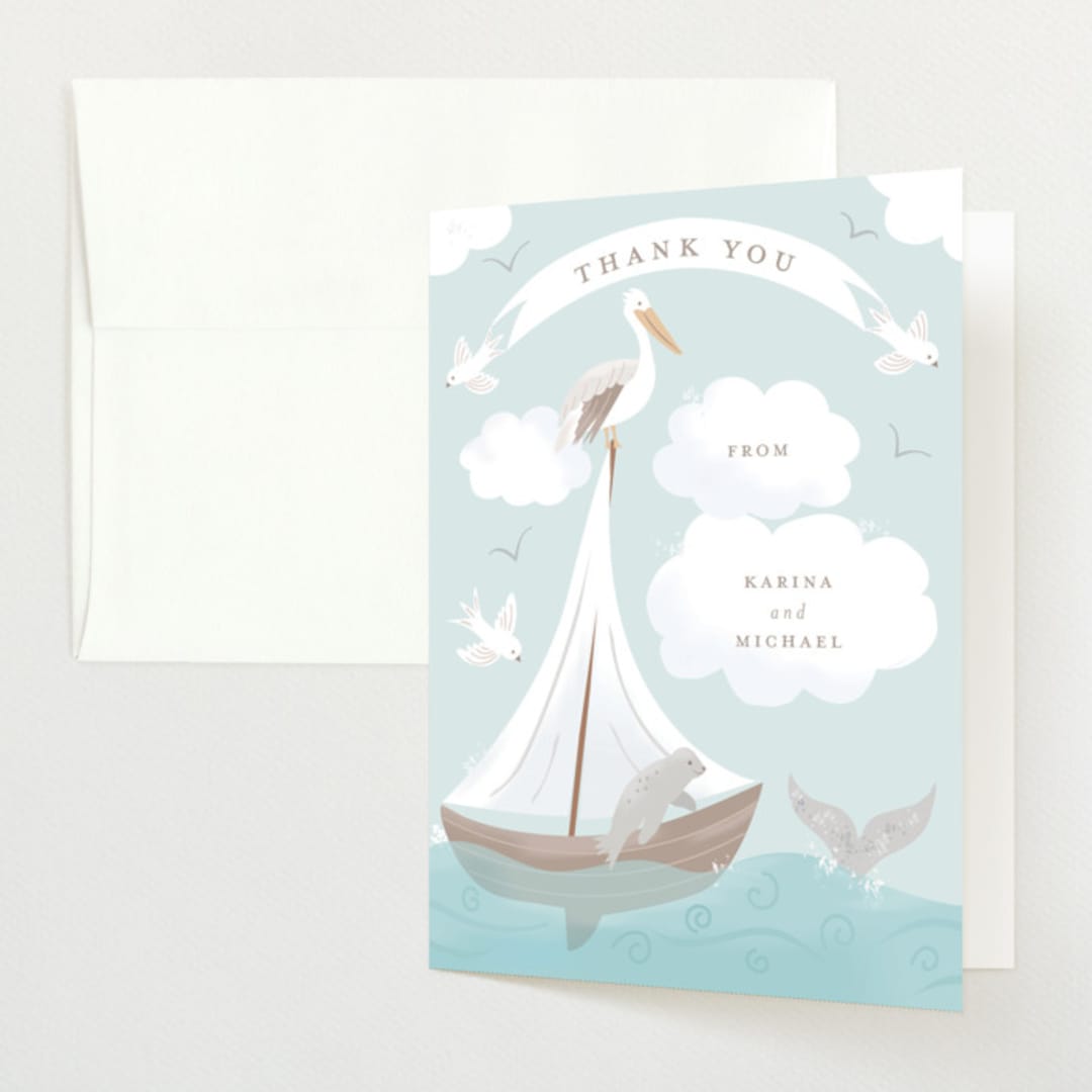 "Little Sailboat" - Baby Shower Thank You Cards in Sky by Jennifer Holbrook - Front
