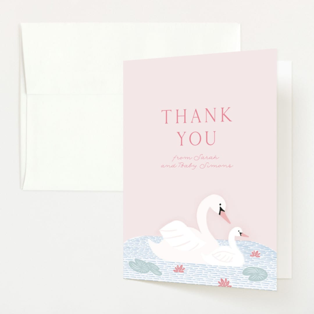 "Swan Song" - Baby Shower Thank You Cards in Sherbet by Carolyn Kach - Front