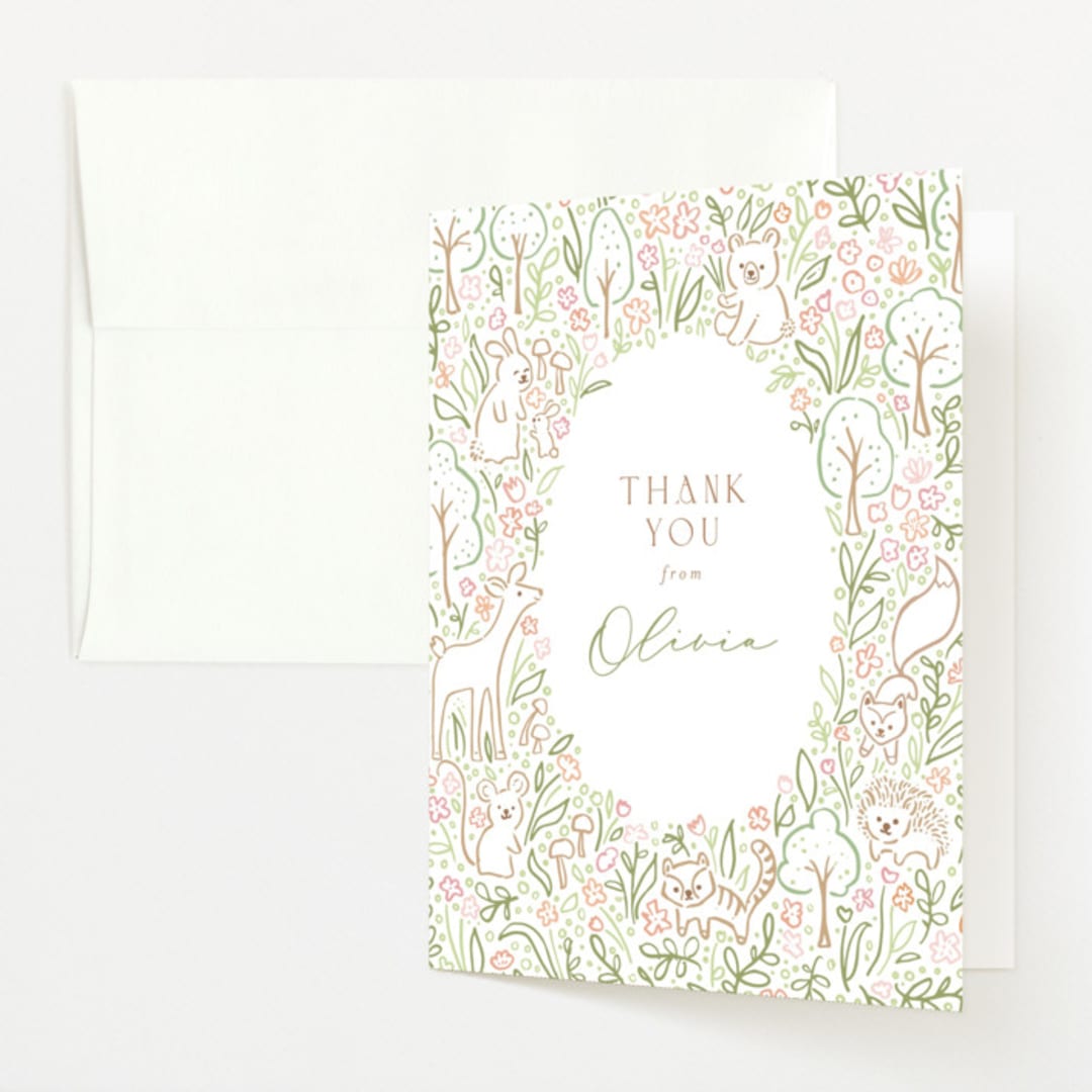 "Woodland Beginnings" - Baby Shower Thank You Cards in Watermelon by Jennifer Wick - Front