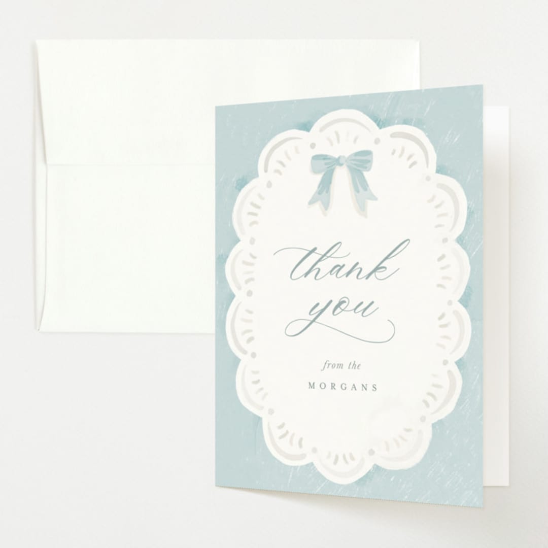 "Eyelet" - Baby Shower Thank You Cards in Cloud by Laura Hankins - Front