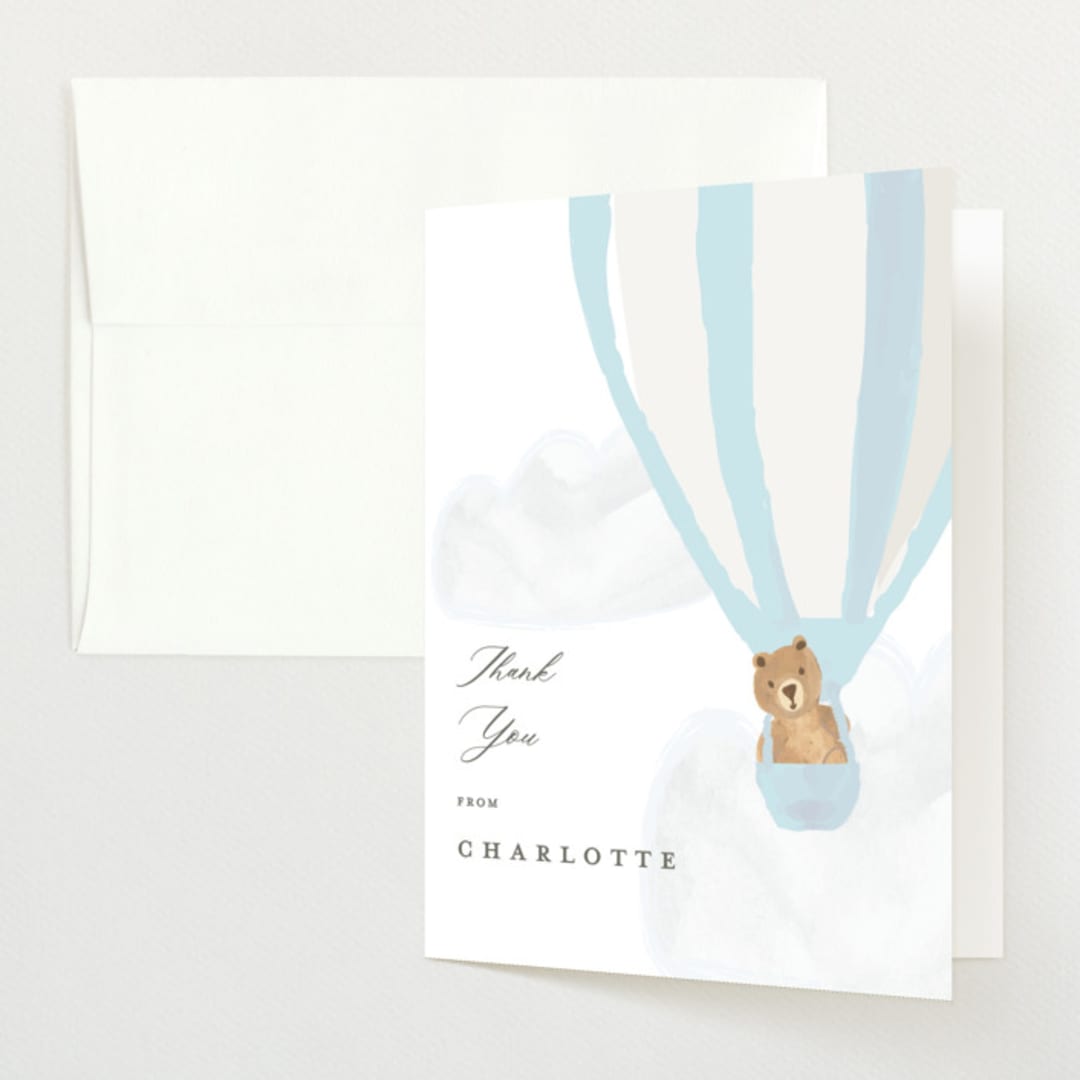 "Hot Air Balloon Bear" - Baby Shower Thank You Cards in Blue Berry by Teju Reval - Front