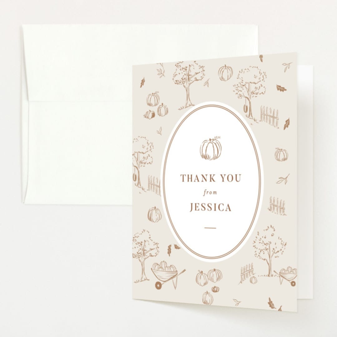 "autumn toile" - Baby Shower Thank You Cards in Acorn by Rebecca Durflinger - Front