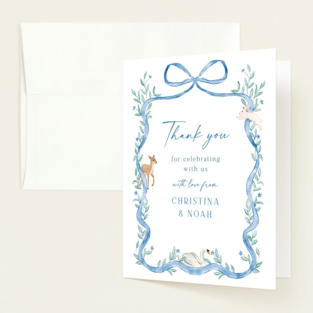 "Ribbon Garden" - Baby Shower Thank You Cards in Blueberry by Elly - Front