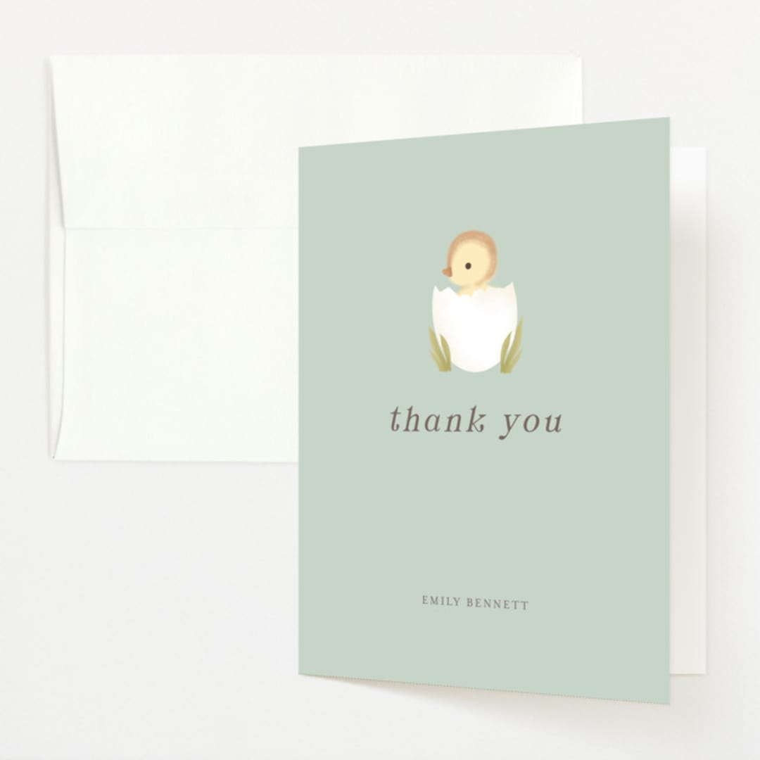 "Lil Duck" - Baby Shower Thank You Cards in Sage by Itsy Belle Studio - Front