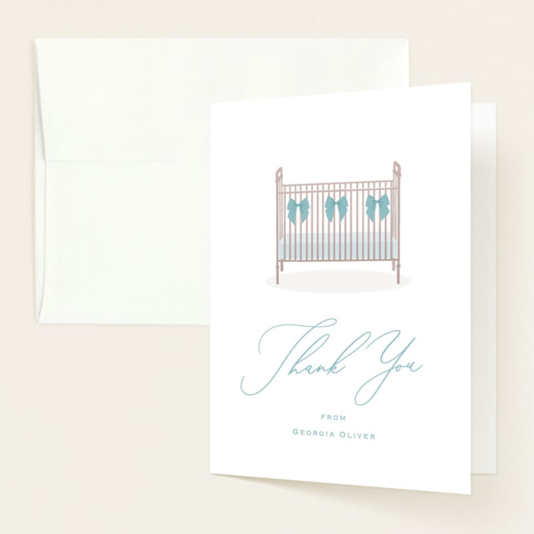 "Crib Bows" - Baby Shower Thank You Cards in Powder Blue by Carolyn MacLaren - Front