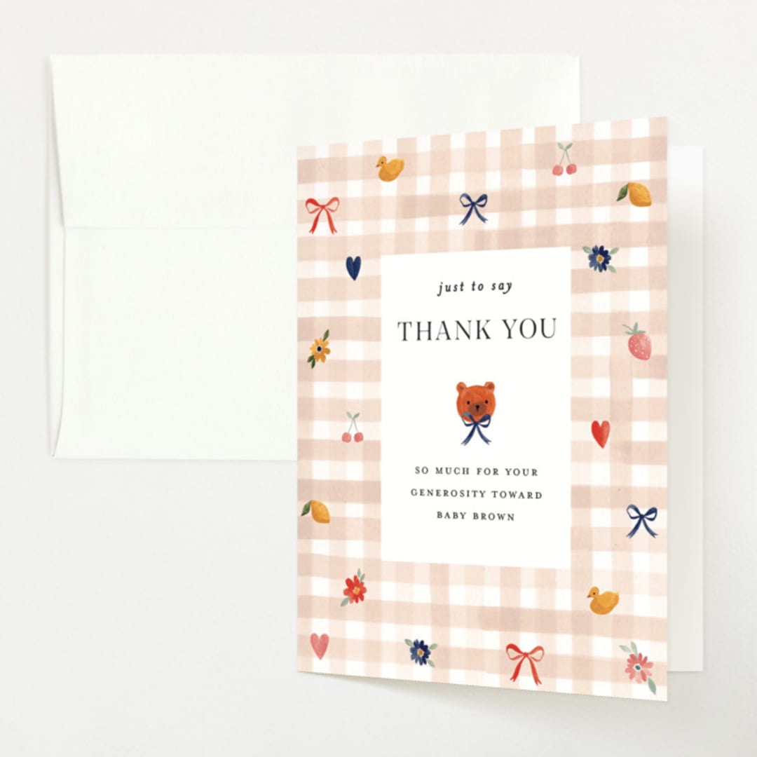 "Gingham" - Baby Shower Thank You Cards in Shortbread by Sarah Knight - Front