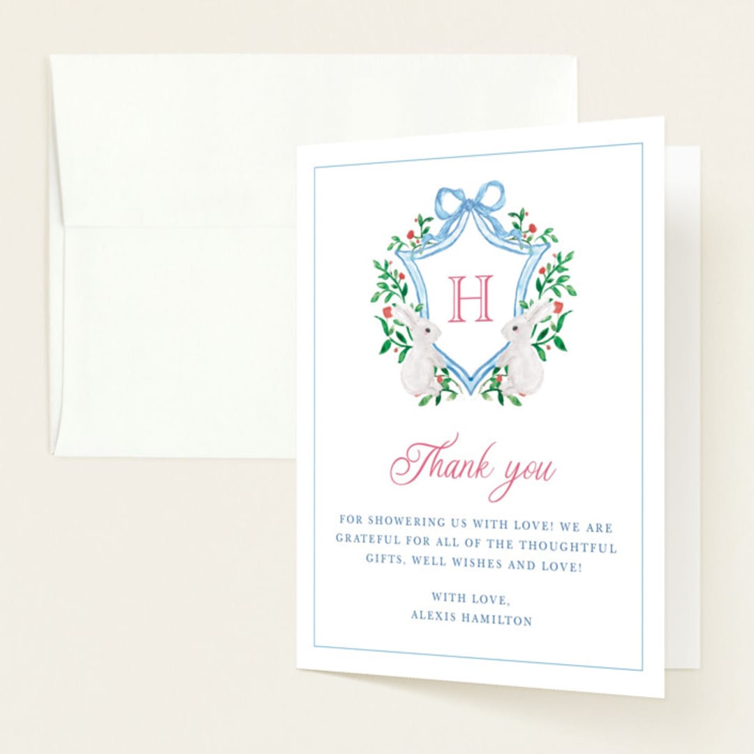 "bunny crest" - Baby Shower Thank You Cards in Cotton Candy by Cass Loh - Front