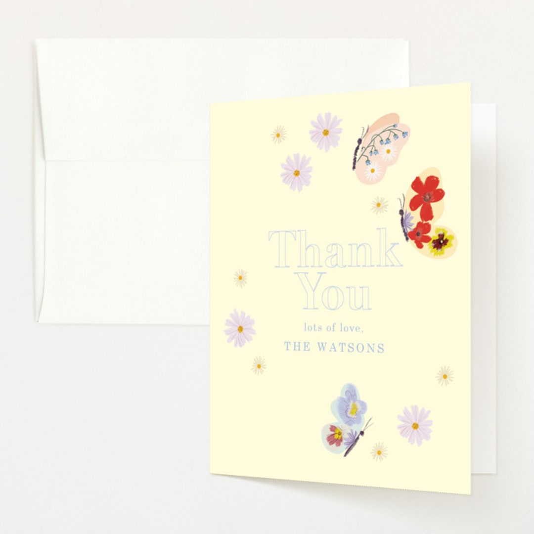 "Butterfly Florals" - Baby Shower Thank You Cards in Daffodil by Baumbirdy - Front