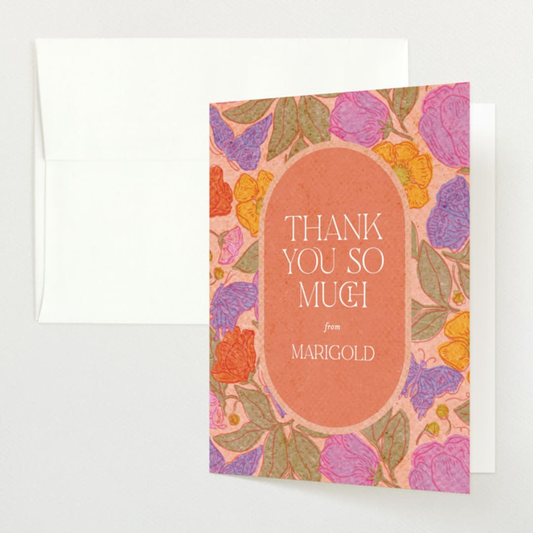 "Vintage Garden" - Baby Shower Thank You Cards in Peach by Simona Camp - Front