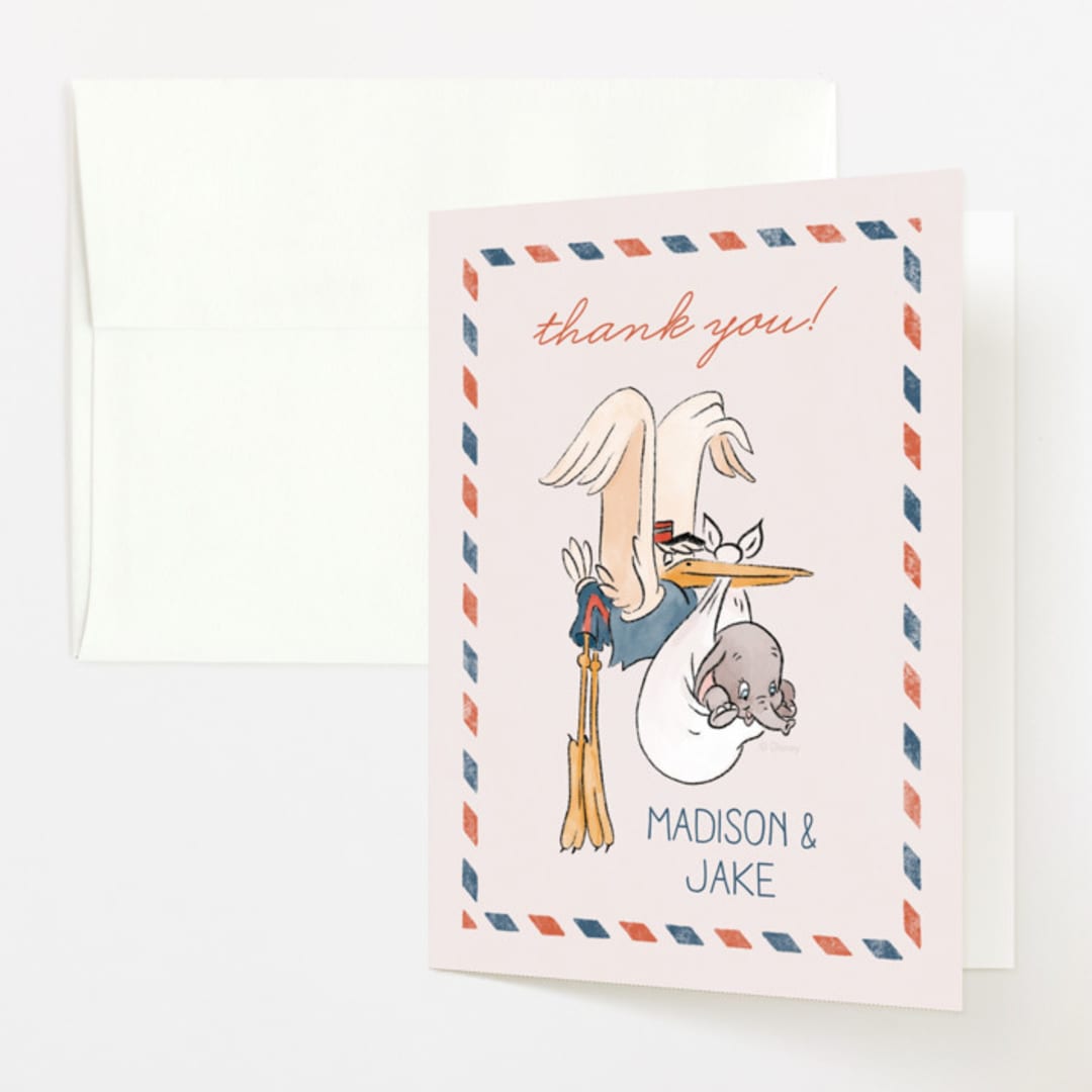 "Disney's Dumbo Stork Baby on the Way" - Baby Shower Thank You Cards in Navy by Claudia Orengo - Front